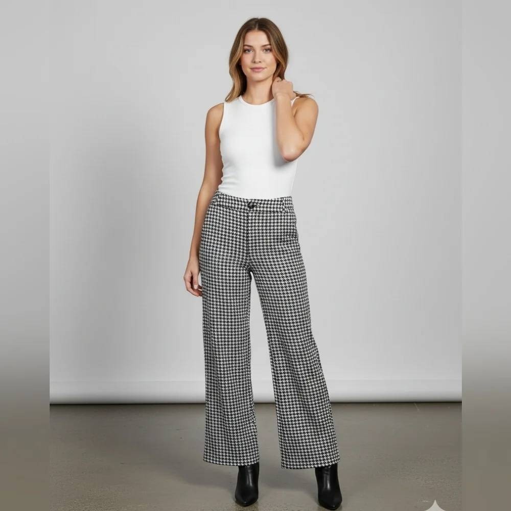 Cabi 3921R Houndstooth Wide Leg Trousers Black White Women Size 6 High Rise